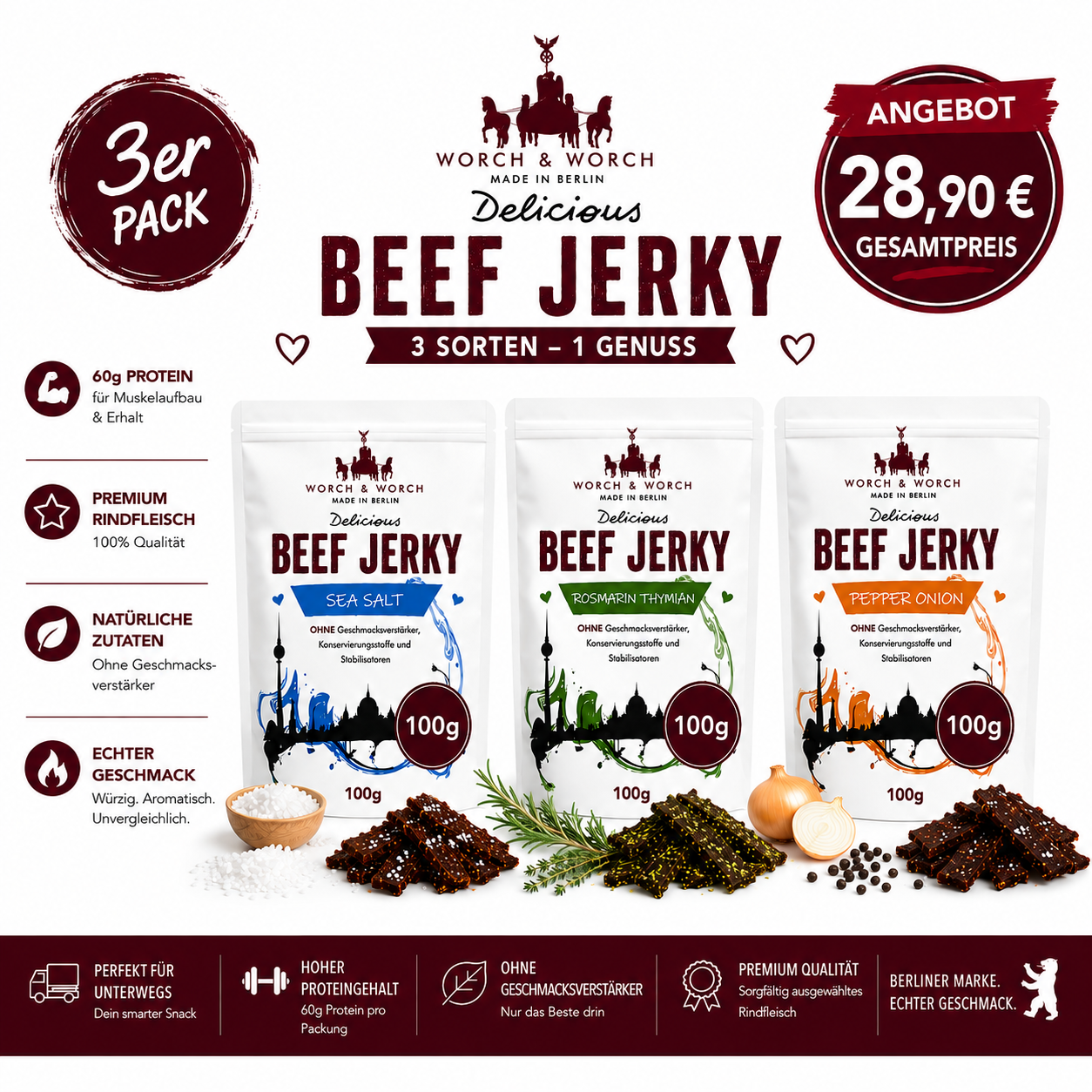 Beef Jerky Probierbox 3 × 100 g | Sea Salt, Rosmary Thymian & Pepper Onion | Worch & Worch Worch & Worch