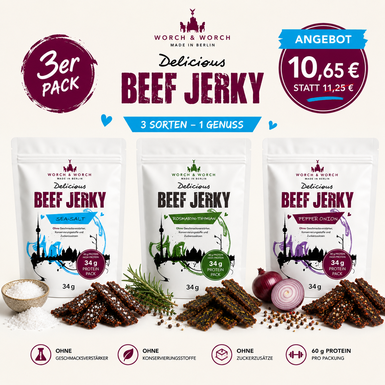 Beef Jerky Probierbox 34 g – Sea Salt, Pepper Onion, Rosmaryn Thymian