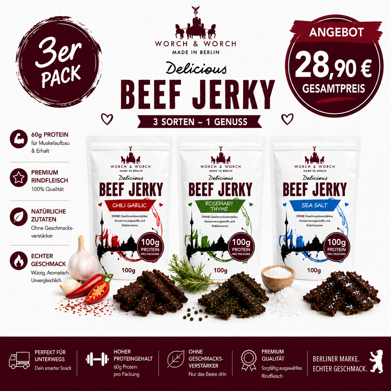 Beef Jerky Probierbox 3 × 100 g | Chili Garlic, Thai Basil & Sea Salt | Worch & Worch