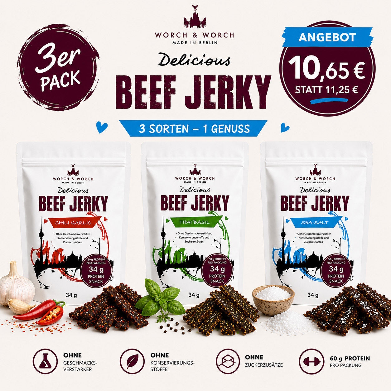 Beef Jerky Probierbox 34 g ,Chili Garlic, Thai BasilSea Salt,